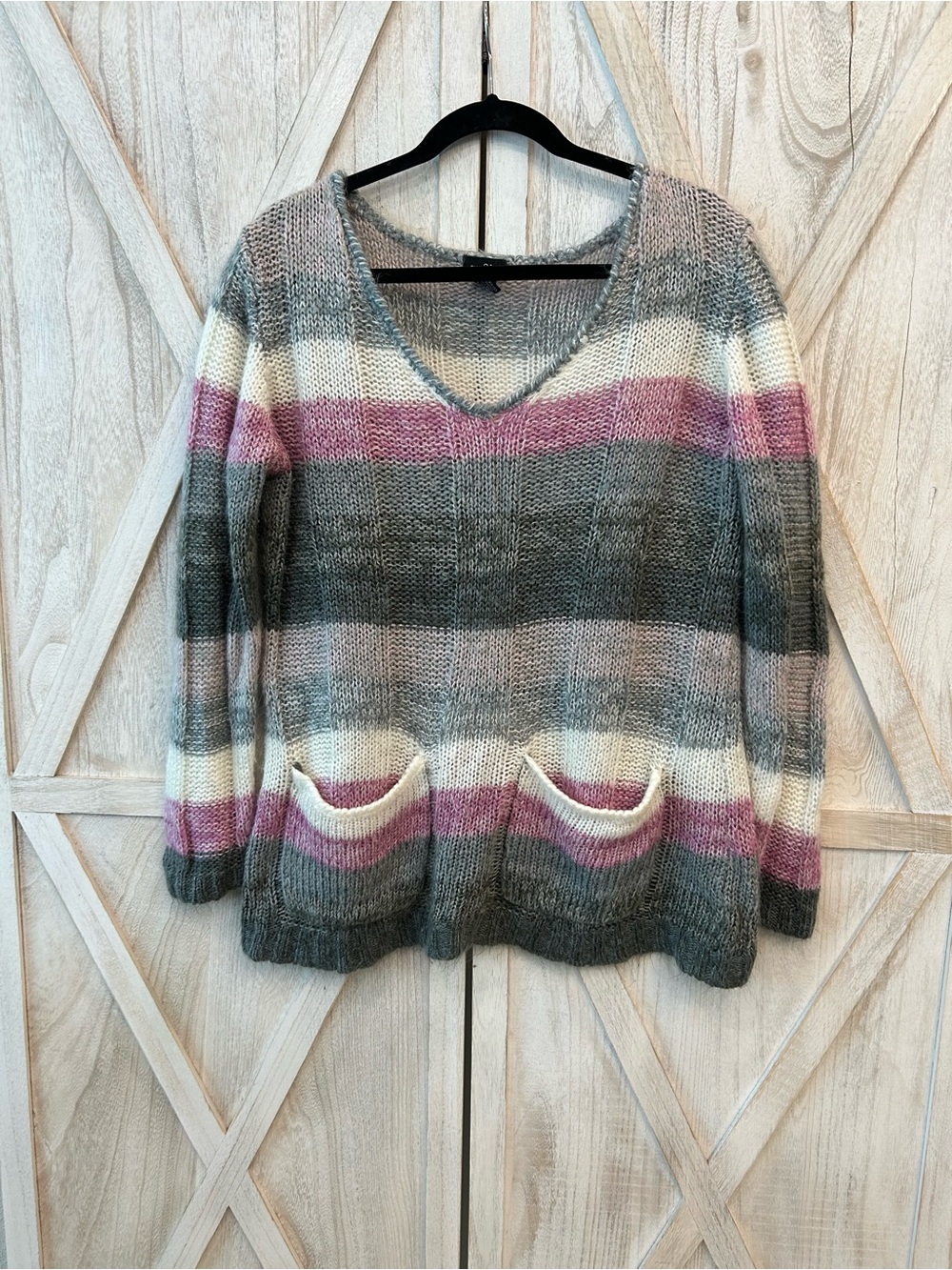 Cozy Striped V-Neck Women's Sweater - Pink, Gray & Cream